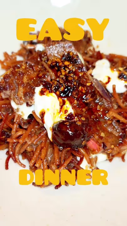 Crispy truffle pasta with chilli-garlic steak